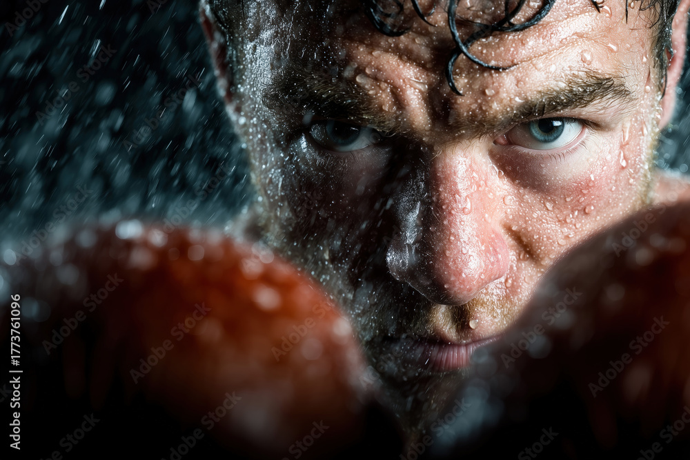 Obraz premium Intense Wet Man Face Close Up Training Sweat Drops Determined Strong Athletic Workout