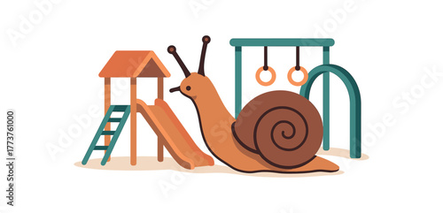 snail interacting with miniature playground enrichment and creative pet care flat vector illustration style isolated on white background