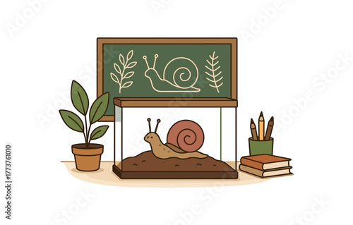 pet snail classroom nature study project and educational experience flat vector illustration style isolated on white background