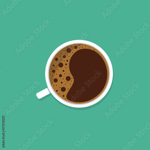 Vector coffee cup with saucer and long shadow on green background.