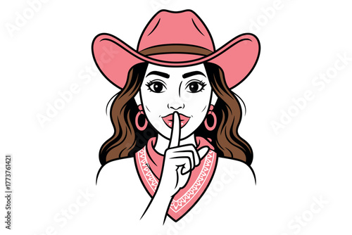 A woman in a pink cowboy hat gestures for silence with her finger to her lips