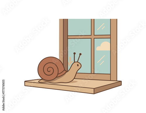 pet snail exploring windowsill curiosity and indoor adventure scene flat vector illustration style isolated on white background