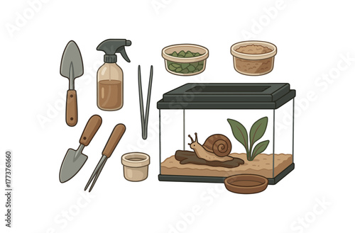 snail care kit tools and accessories for home terrarium setup flat vector illustration style isolated on white background
