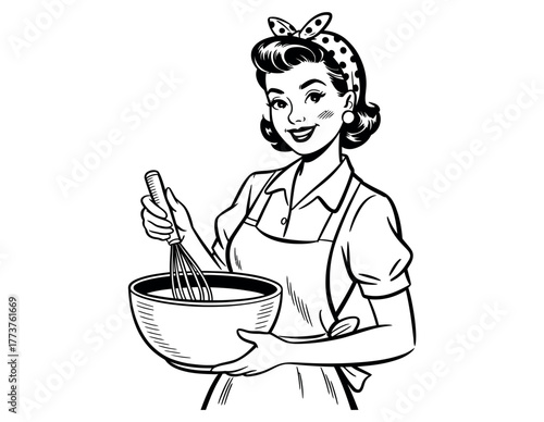 Retro woman in an apron and headscarf whisks ingredients in a bowl, smiling with joy.