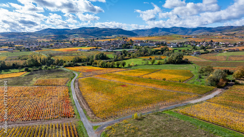 Paysage du vignoble du Beaujolais dans le département du Rhône à l'automne autour du village de Charentay