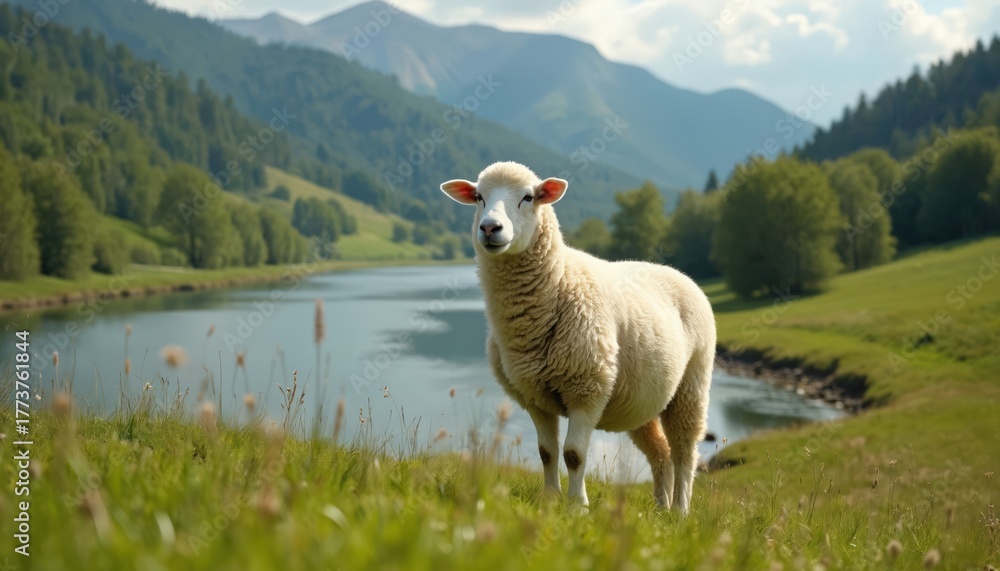 Fototapeta premium White sheep stands in green meadow next to calm lake and mountains. Peaceful landscape evokes Psalm 23 verses. Pastoral scene with animal in nature offers tranquil beauty and serenity.