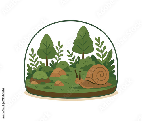 snail exploring miniature forest scene detailed terrarium and creativity flat vector illustration style isolated on white background