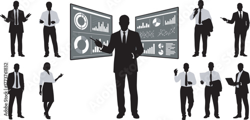 Business icons, teamwork, data analysis, innovation strategy, presentation board, growth charts, mobile analytics, gear management, collaboration, decision-making, black and white illustration, 