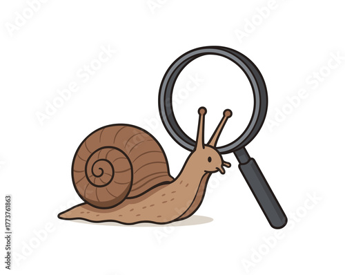 pet snail and magnifying lens science exploration and detailed observation flat vector illustration style isolated on white background