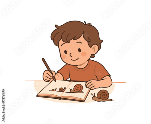 child documenting snail growth notebook long term observation and learning flat vector illustration style isolated on white background