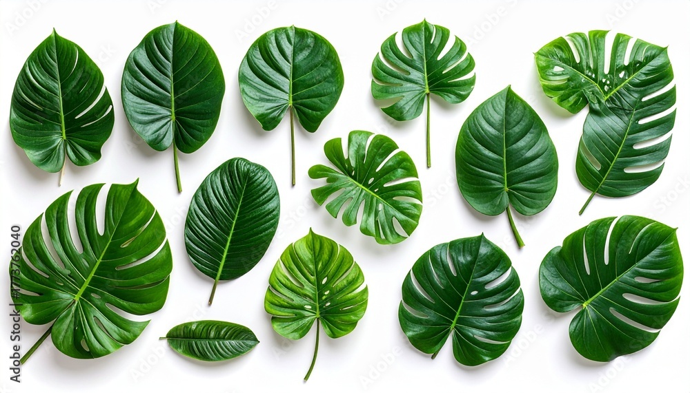 Obraz premium Collection of tropical leaves with varied shapes, textures, and shades of green on white background for editorial botanical photography foliage decor and poetic biodiversity-themed visuals