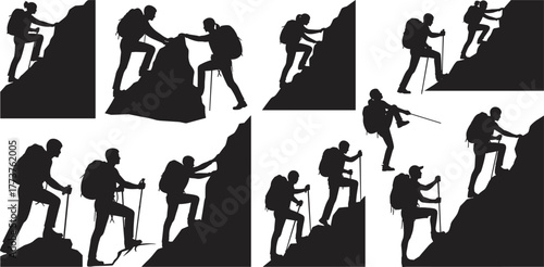 Mountain climbers, hiking silhouettes, outdoor adventure, teamwork on cliffs, rocky terrain, backpackers, trekking sticks, black and white illustration, perseverance, exploration, wilderness 