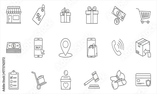 Comprehensive collection of modern outline icons representing online shopping, e-commerce transactions, retail business, and delivery services for digital platforms
