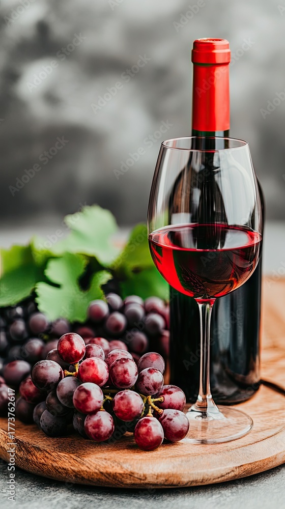 Obraz premium A beautifully arranged bottle of red wine beside a glass atop a wooden table surrounded by dark grapes in elegant lighting