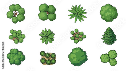 Top-Down View Trees Set Various Pixelated Tree Designs for Landscape Planning