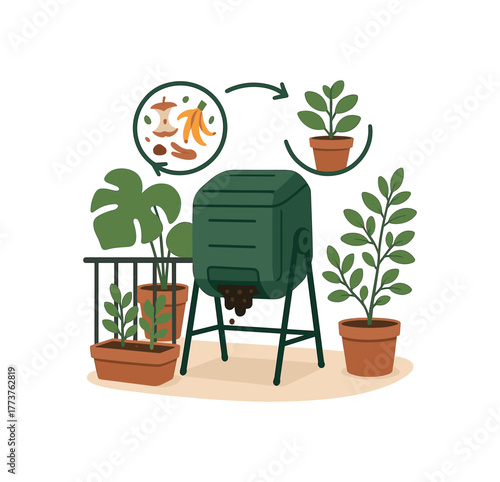 compact compost bin balcony eco solution and urban gardening cycle flat vector illustration style isolated on white background
