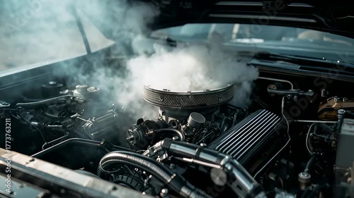 Classic Muscle Car Engine Overheating with Thick White Smoke Billowing from Hood in Daylight