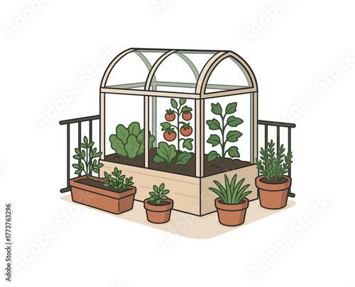 balcony greenhouse greenhouse with vegetables and herbs for city living flat vector illustration style isolated on white background