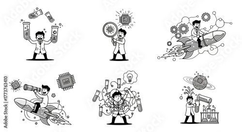Scientist Cartoon Character Set Vector Illustration Research Science Innovation Experiment Discovery Future Technology Chemistry Biology Physics Analysis