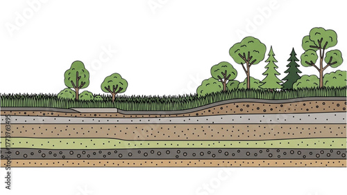 Geological Cross-Section of Earth Layers Underneath a Forest Landscape