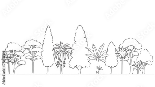 Collection of various trees and plants depicted in a simple line art style