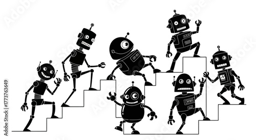 Robots Walking Up Stairs Silhouette Vector Illustration Automation Concept Climbing Technology Innovation Advancement Artificial Intelligence Engineering Machine Future Success