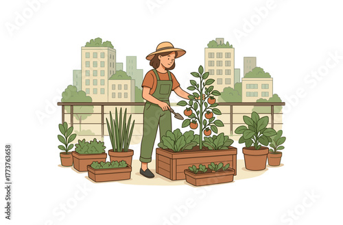 apartment rooftop garden growing vegetables on limited space eco city living flat vector illustration style isolated on white background