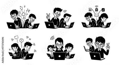 Team Working On Laptop Computers Vector Set Business Office Coworking Desk Collaboration Group Project Development