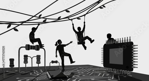 Children Playing on Circuit Board Illustration Kids Tech Future Silhouette Resistors Electronics Microchip Swings Vines Integrated Circuitry