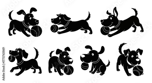 Black Dog Catching Ball Silhouette Collection Vector Illustration