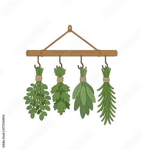 indoor herb drying rack homegrown harvest from microgarden flat vector illustration style isolated on white background