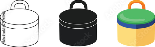 Three representations of cylindrical container with handle and lid