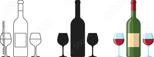 Wine bottle and glasses illustration in three different styles