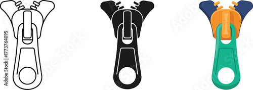 Zipper sliders set in outline silhouette and colored style