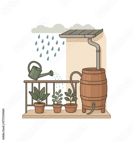 balcony rainwater collector system sustainable irrigation solution for plants flat vector illustration style isolated on white background