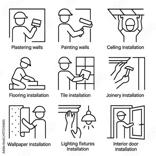 Construction work linear icon set. featuring plastering, painting, ceiling, flooring, tile, joinery, wallpaper, lighting, door installation