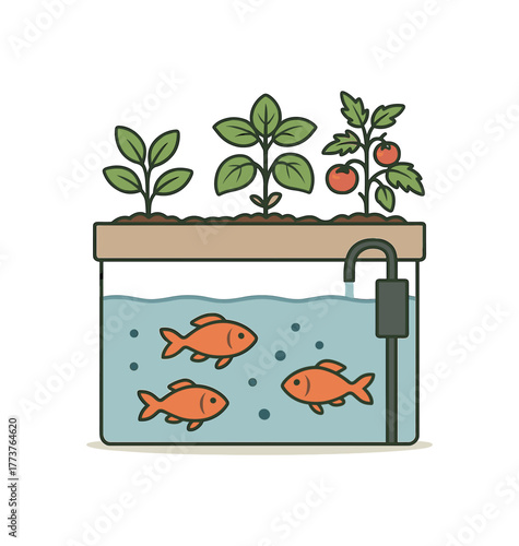 apartment aquaponics system fish and plants growing together symbiotic setup flat vector illustration style isolated on white background
