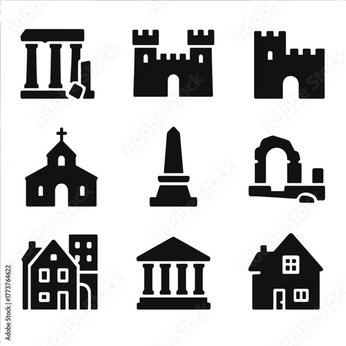 Historical sites silhouette icon set. featuring castle, ruins, cathedral, obelisk, ancient house, museum, temple
