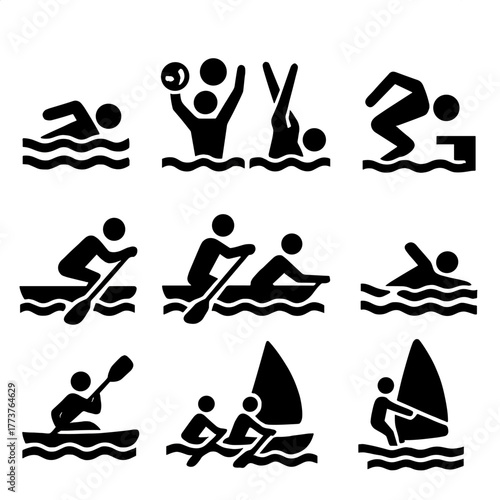 Water sports silhouette icon set. featuring swimming, water polo, snorkeling, diving, rowing, canoeing, kayaking, surfing, sailing