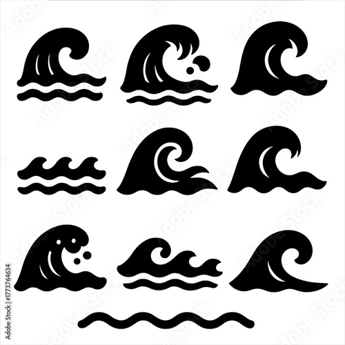 Wave silhouette icon set. featuring sea, ocean, water, surf, flow, tide, current, ripple, crest, breaker symbols