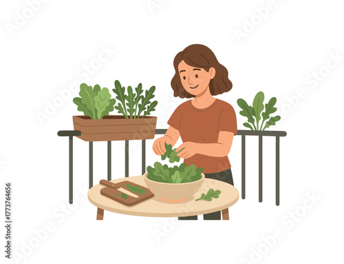 balcony salad harvest preparing fresh meal from microgarden flat vector illustration style isolated on white background