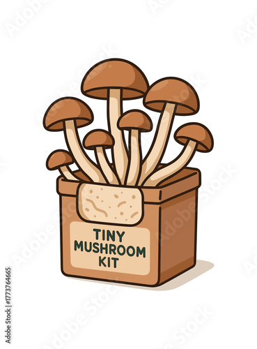 tiny mushroom kit indoor edible fungi microfarm city sustainability flat vector illustration style isolated on white background