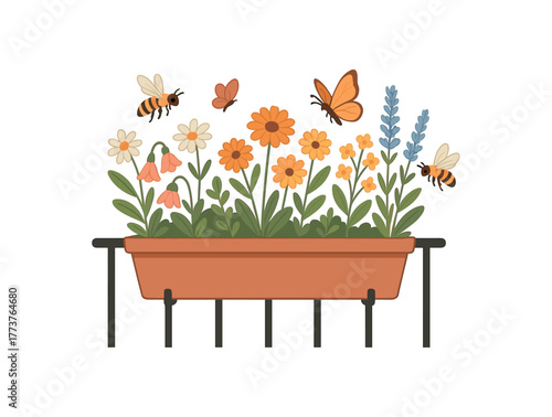 balcony pollinator friendly garden small flowers attracting bees and butterflies flat vector illustration style isolated on white background