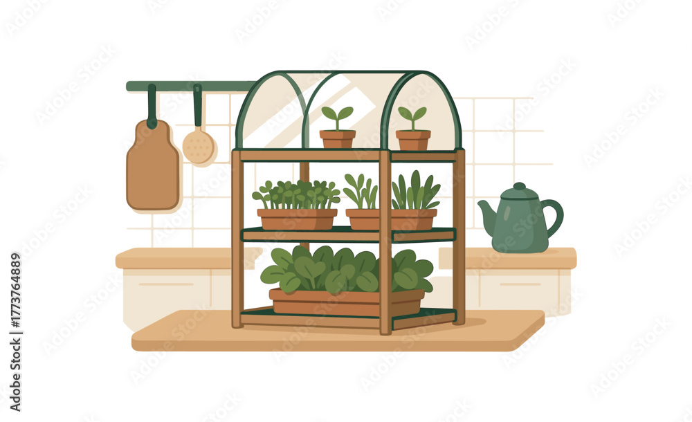 Fototapeta premium miniature greenhouse shelf kitchen sustainable microgardening solution flat vector illustration style isolated on white background