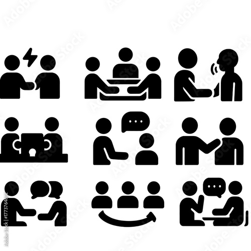Business communication silhouette icon set. featuring meeting, negotiation, chat, discussion, team, and handshake symbols