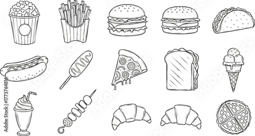 Collection of fast food and snack line art icons, hand-drawn sketch vector set.