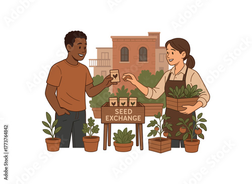 urban seed exchange between neighbors promoting microgardening community flat vector illustration style isolated on white background
