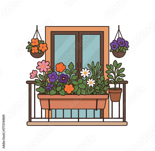 balcony edible flower garden decorative and culinary small space plants flat vector illustration style isolated on white background