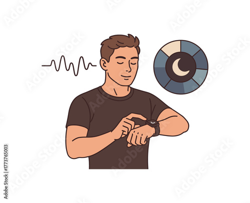 biohacker tracking sleep cycles with wearable device optimizing rest and recovery flat vector illustration style isolated on white background