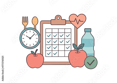 intermittent fasting schedule planning daily health optimization practice flat vector illustration style isolated on white background